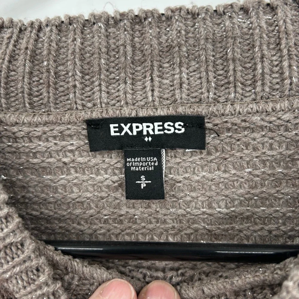 Express Womens Taupe Brown Metallic Shimmer Mock Neck Cropped Sweater Small 0880